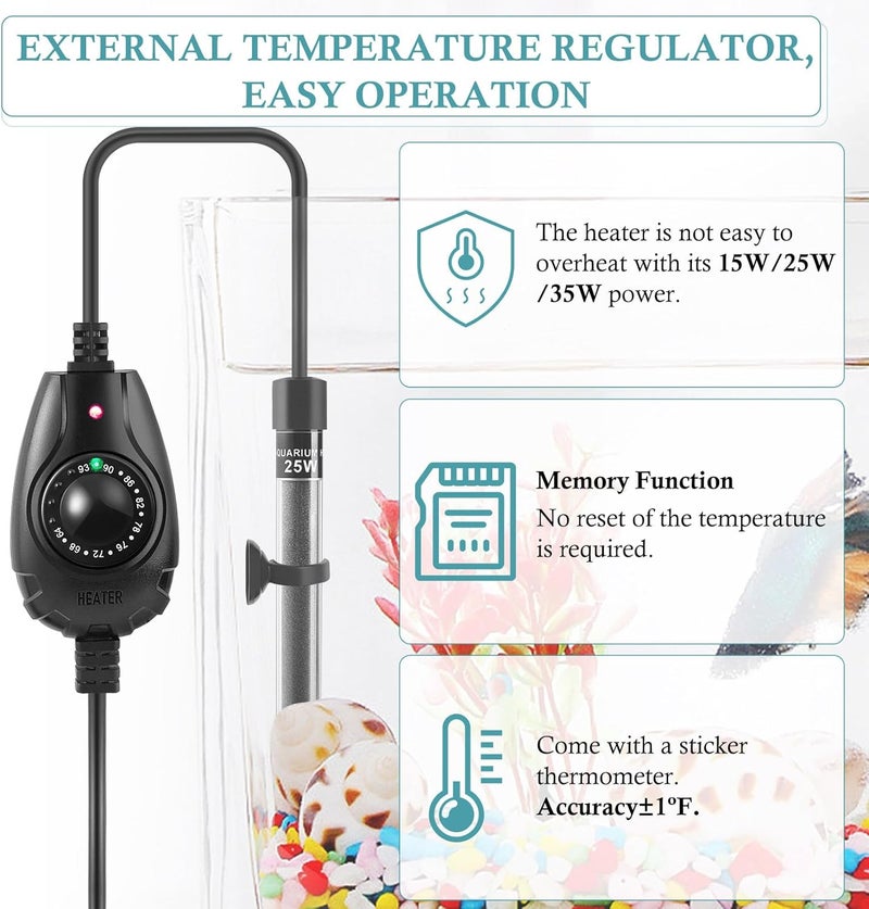 HITOP 25W Super Mini Aquarium Heater: Adjustable Heater for Small Fish Tank 2-6Gallons, with External Controller, Betta Heater for Fish Bowls (25W) - Image 4